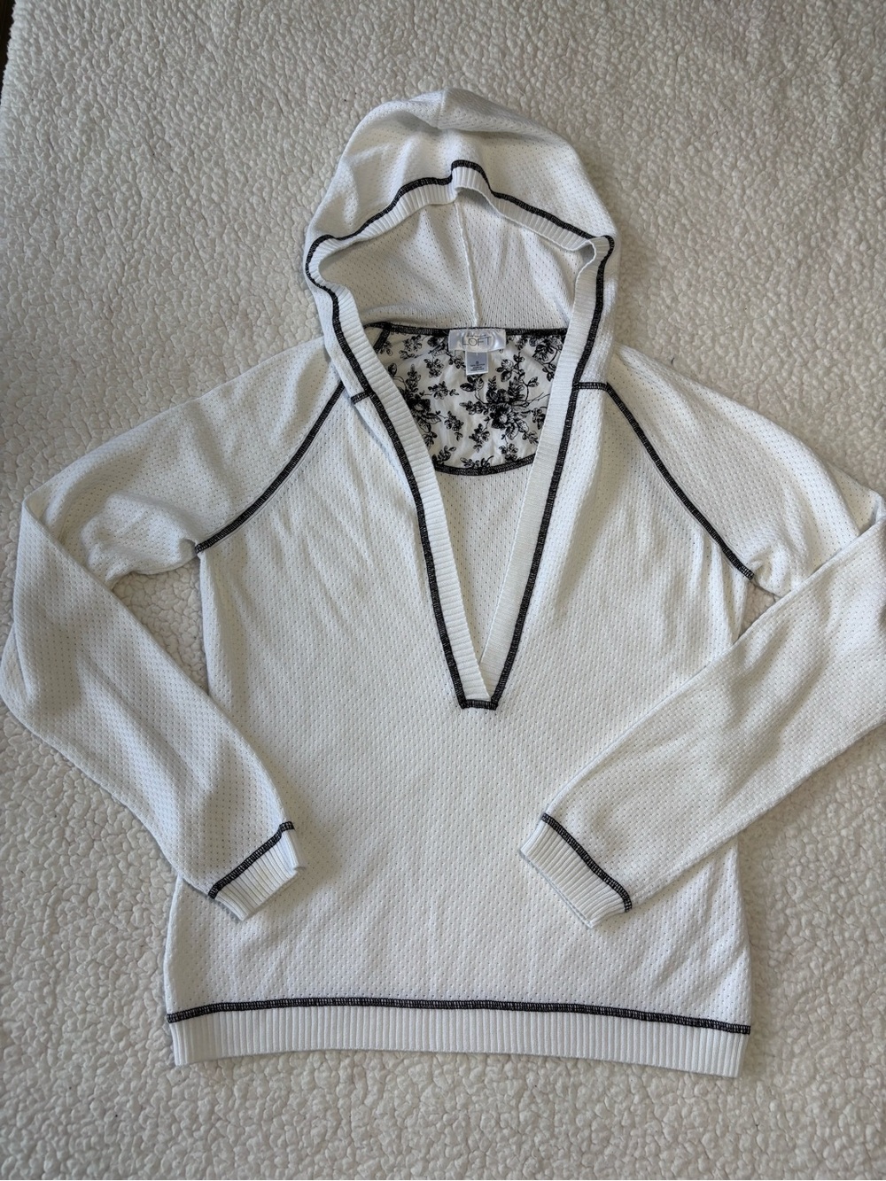 LOFT Plunging V-Neck Waffle Thermal Pullover Hoodie Black Contrast Trim Size S